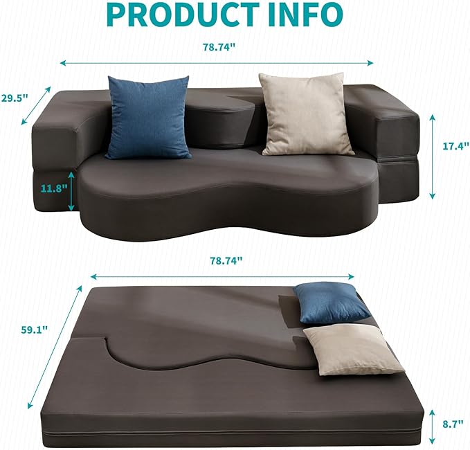 BALUS Futon Sofa Bed Faux Leather Convertible Floor Sofa Bed with Memory Foam Foldable Folding Couch Beds for Living Room Guest Room Apartment Full Size Dark Gray