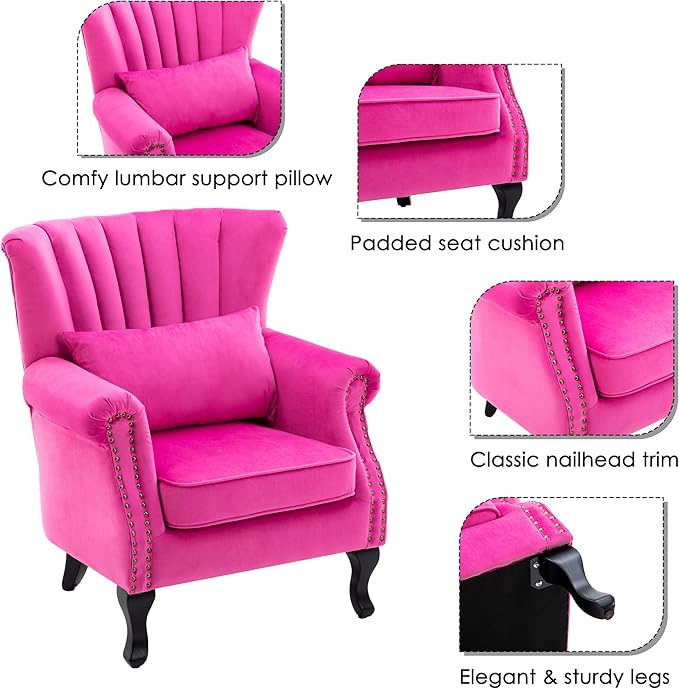 chairus Mid-Century Modern Accent Chairs Set of 2 Comfy Sofa Chairs Channel Back Armchairs with Small Pillow for Living Roon Bedroom Club - Velvet Rose