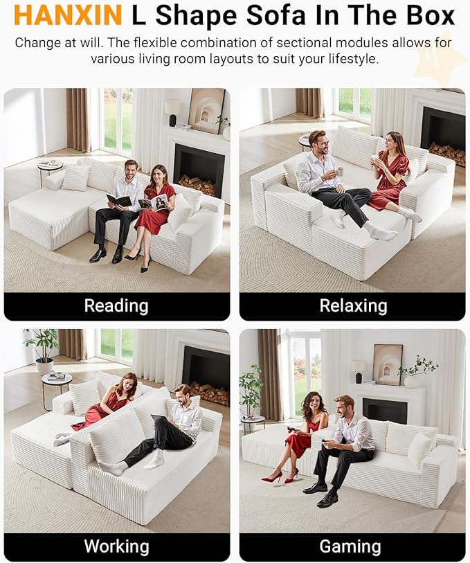 105 Inch Modular Sectional SofaModern Cloud Sectional Couch with Deep SeatCorduroy Boneless Couches with L-Shape Chaise for Living Room BedroomNo Assembly Required (White Left Facing Chaise)