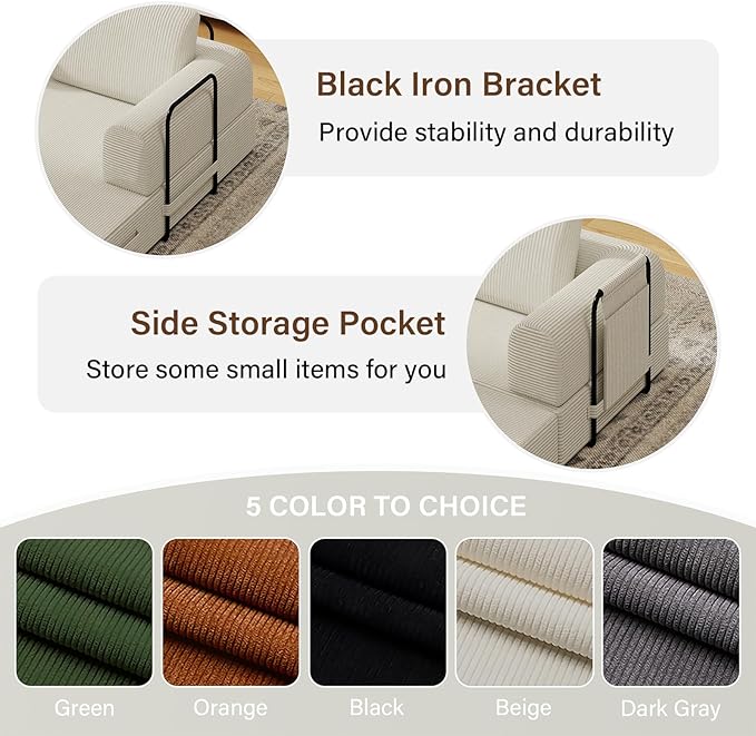 78'' Sleeper Couch Bed for Living Room Convertible Modular Sofa with Fixed Frame &amp Side Pocket Corduroy Futon Boneless Couches in a Box No Assembly Beige