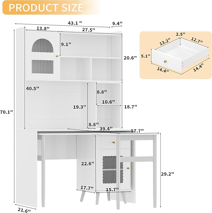 Computer Desk with 90 Degree Rotating Desktop and Bookshelf Office Desk with Drawer and Cabinets Gaming Desk with Shelves Writing Desk for Home Office Bedroom Living Room (White-5.9)