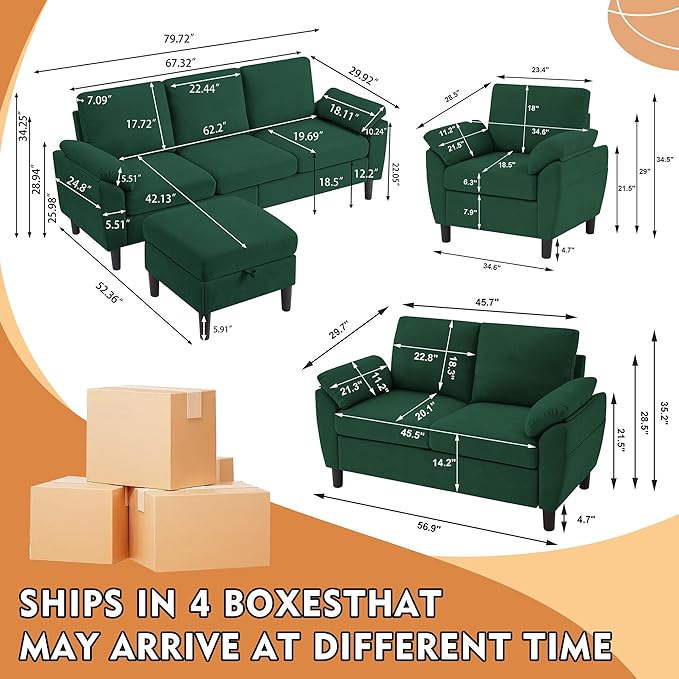 4 Piece Convertible Sectional Sofa Set Modern Linen Small L Shaped Couch with Reversible Chaise 3-Seater Sofa &amp Loveseat &amp Armchair for Living Room Office Apartment Green