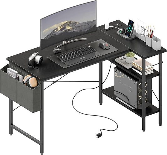 DUMOS Corner Gaming Desk39 L Shaped Computer Desk with 3AC+2USB+1Type-C Power Strip Storage Shelves &amp Side Hanging Fabric Organizer Black Gaming Workstation for Home Office and Bedroom