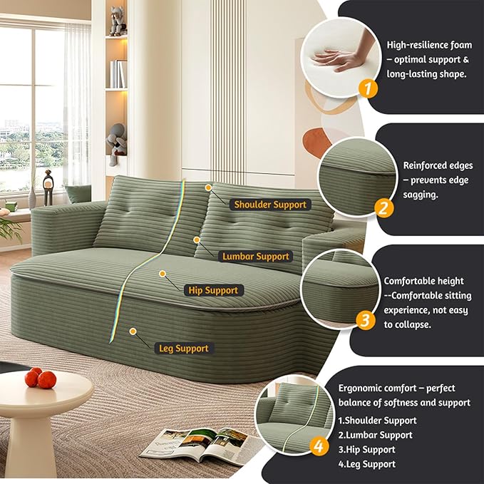 78.7 W Convertible Folding Sofa Bed Corduroy Futon Loveseat Sleeper Couch Bed with Blanket Full Size Compression Foam Floor Couch Boneless Foldable Mattress for Living Room Bedroom Green