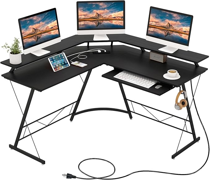 Tangkula L-Shaped Computer Desk with Power Outlet 51 Corner Computer Workstation with Monitor Stand Keyboard Tray &amp Headphone Hook Ergonomic Gaming Desk for Home Office (Black)