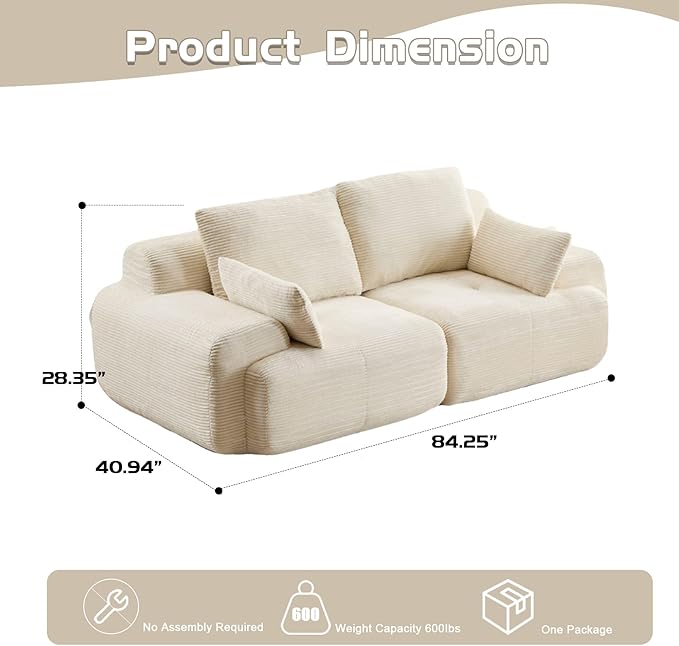 Modern Loveseat with Pillows Extra Deep Soft Cloud Love Seat with Multiple Corduroy Boneless 2 Seate Couch for Living Room Apartments Bedrooms Guest Rooms (Beige 2 Seat)