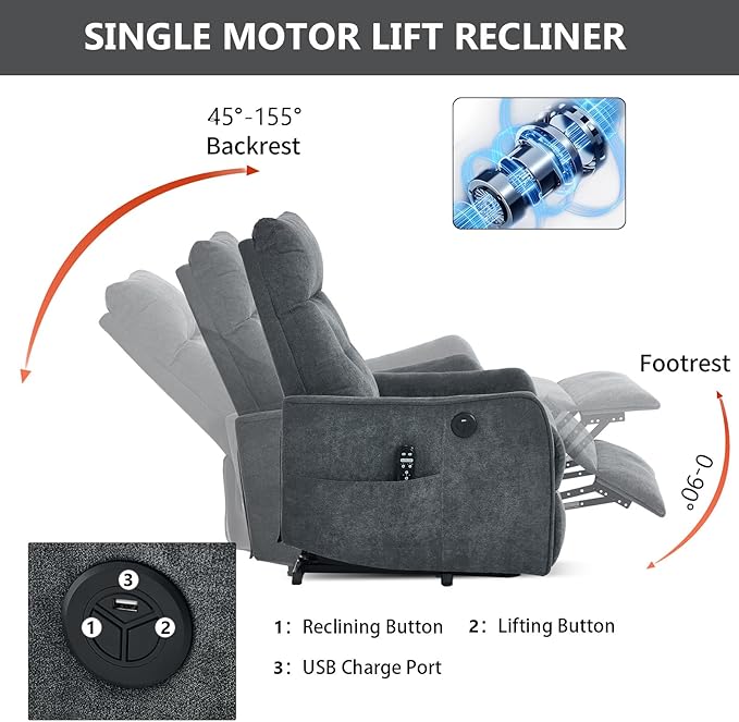 Small Power Lift Chair Recliner for Elderly Petite Power Recliner Chair with Massage and Heat | USB | High Back | Push Button | Side Pockets Liviing Room Easy Assembly (Chenille Dark Grey)