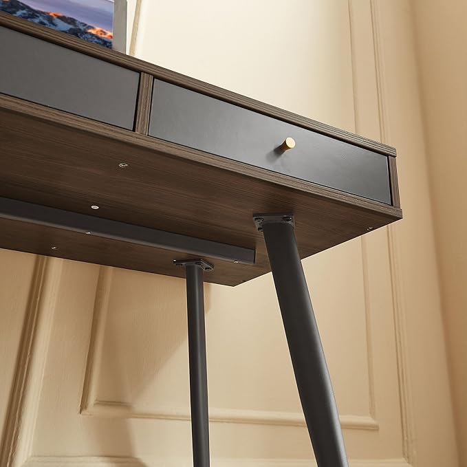 KEVINSPACE Mid Century Desk with Drawers 47 Modern Home OfficeDesk Writing StudyDesk ComputerDesk with Metal Legs &amp 3 Drawers Multipurpose Vanity TableDesk for Bedroom Office Walnut&ampGrey