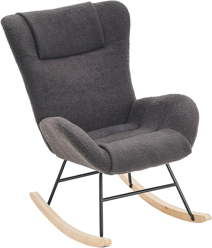 Rocking Chair Nursery Solid Wood Legs Reading Chair with Teddy Fabric Upholstered Nap Armchair for Living Rooms Bedrooms Offices Best GiftGrey Teddy Fabric