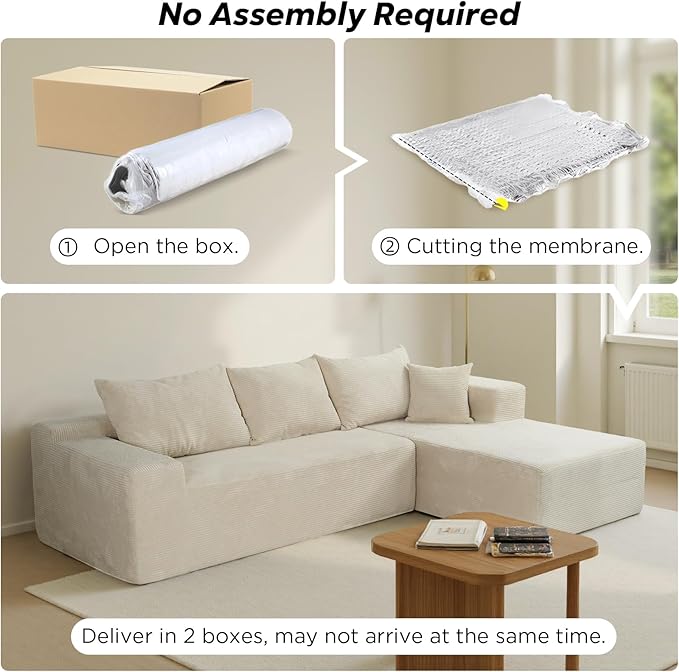 103 L Shaped Sectional Boneless Couch for Living Room Modern Modular Cloud Sofa with Right Facing Chaise Comfy Deep Seat Memory Foam Couch in Box No Assembly (1CM Wide Striped Corduroy Beige)