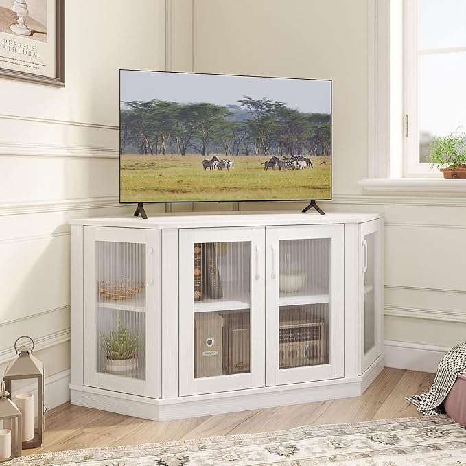 Panana Corner TV Stand - 47 Inch Media Console with 4 Doors and Shelves Living Room Storage for TVs up to 51 Inch (White)