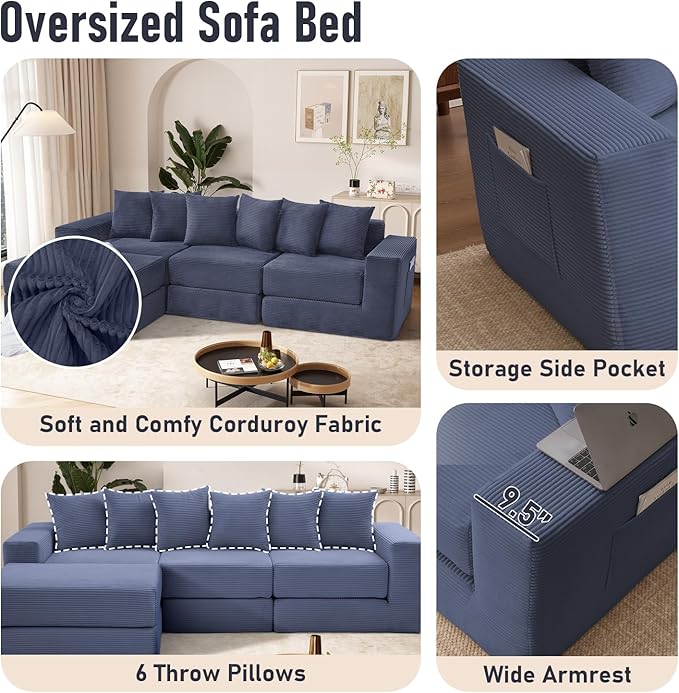 102 Upgraded L-shaped Modular Sectional Couches for Living Room Convertible Oversized Sleeper Sofa Bed-Luxury 1.5 Queen Bed. 11-in-1 Multifunctional Corduroy Boneless Folding Futon Couch Blue.
