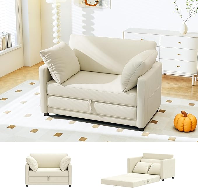 51 Convertible Sofa Bed 2 in1 Folding Sofa Bed Loveseat Sleeper Sofa for Small Spaces Fold Out Floor Couch with 2 Pillows for Apartment Living Room &amp Guest Room Beige Chenille Fabric