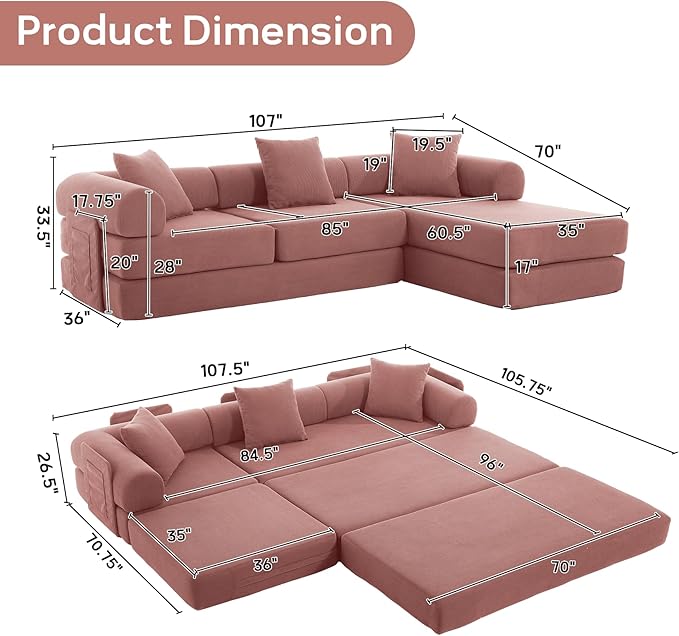 L Shaped Convertible Modular Boneless Sofa Bed with Cylindrical Pillow Corduroy Folding Floor Sofa Couch Bed with Fixed-Shape Frame &amp Storage Pocket for Living Room Pink