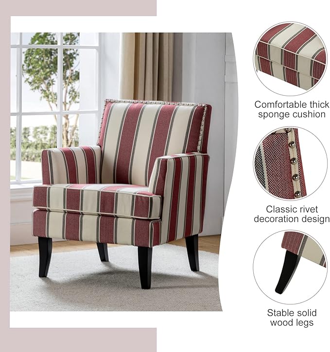 HULALA HOME Modern Accent Chairs Set of 2 Farmhouse High Back Striped Chairs with Wooden Legs &amp Nail Head Trim Comfy Upholstered Armchairs for Living Room/Bedroom (Stripe Red)