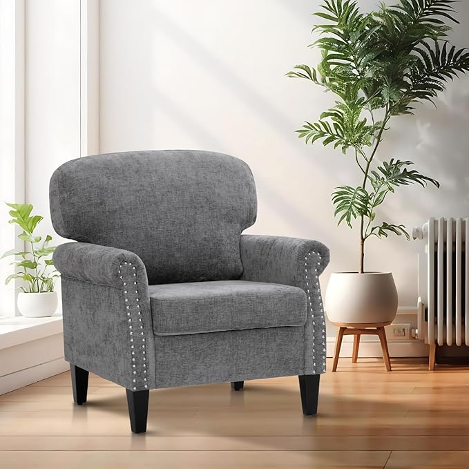 Sophia &amp William Modern Living Room Chair Upholstered Accent Chair with Wood Legs Comfy Linen Fabric ArmchairGrey1PC