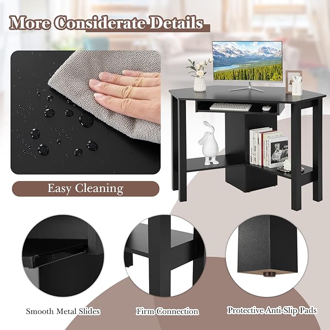 Tangkula Corner Desk with Keyboard Tray Triangle Corner Computer Desk for Small Space Bedroom Corner Makeup Vanity Desk with Storage Shelves Space Saving Corner Writing Desk