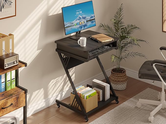 ALISENED 2 Tier Computer Desk with Keyboard Tray 23.6 Home Office Desk Computer Workstation Rolling Study PC Laptop Table for Small SpacesZ-Shaped Small Compact Study Table