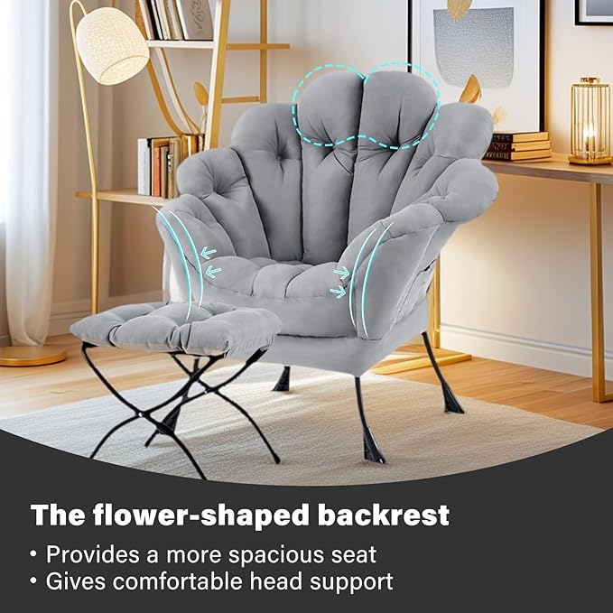 Lazy Chair With Ottoman Comfy Reading Lounge Accent Chair Leisure Floral Butterfly Armchair With Foding Footrest Wrapped Sturdy Soft Chair For Bedroom Dorm Room Living room（light grey）
