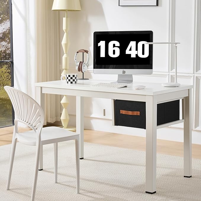 White Computer Desk with Drawer 47 Inch Home Office Work Desks Modern Writing Study PC Desk Gaming Table for Small Place Bedroom Thickened Tabletop and Stable Metal Frame Leg Support
