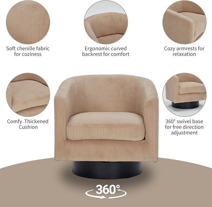 Swivel Accent Chair 360°Swivel Barrel Chair Comfy Upholstered Corduroy Club Armchair for Living Room Reading Room Bedroom (Light Brown)