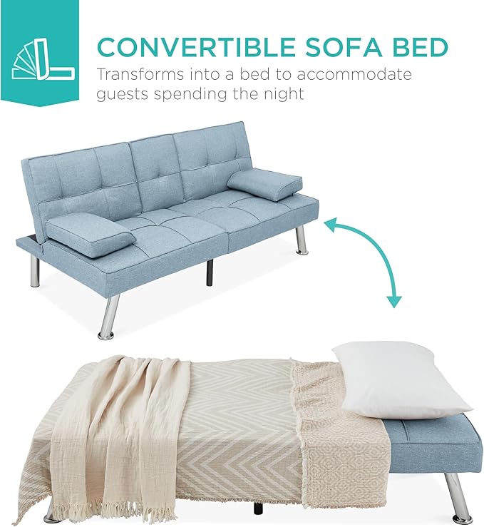 Best Choice Products Linen Modern Folding Futon Reclining Sofa Bed for Apartment Dorm w/Removable Armrests 2 Cupholders - Light Blue