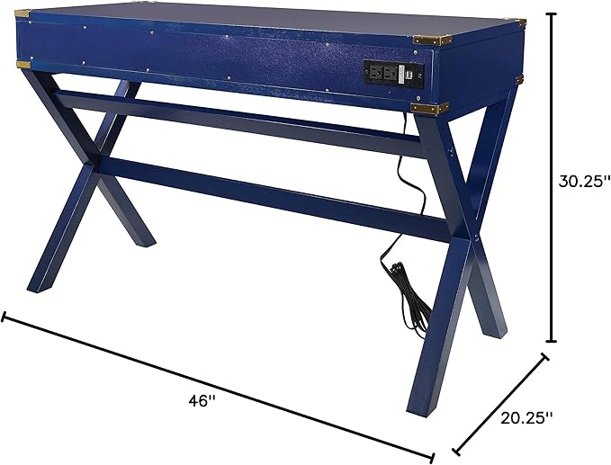 OSP Home Furnishings Wellington 46-Inch Writing Desk with Power Hub and 3 Storage Drawers Lapis Blue