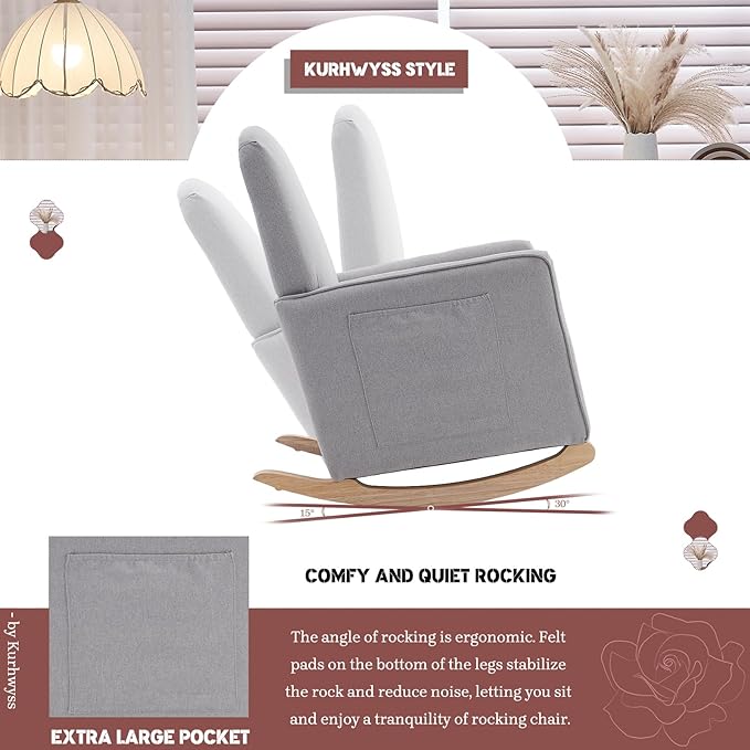 Modern Rocking Chair Nursery Comfy Glider Nursery Chair with Foot Rest Upholstered Rocker with Pocket Accent Reading Armchair with Solid Wood Base for Living Room Bedroom Lounge Room (Light Gray)