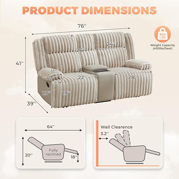 Large Reclining Loveseat with Pillow Top Arm Fluffy Fabric Recliner Sofa with Wireless Charging &amp Hidden Cup Holders Modern Reclining Couch for Living Room/RV/Apartment (Beige 2 Seater)