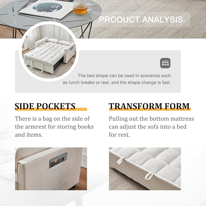 Futon Sleeper Sofa Bed Modern 3 in 1 Convertible Loveseat Sleeper Pull Out Couch Bed with Adjustable Backrest Storage Pockets and Toss Pillows for Living Room Bedroom (Cream)