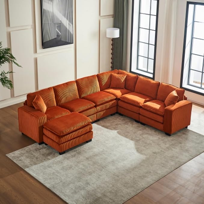 Modern U Shaped 6-seat Sectional Sofa Couch with one Ottoman and Three toss PillowsModular Sofa for Living RoomCorduroy (OrangeCorduroy-7 Seat)