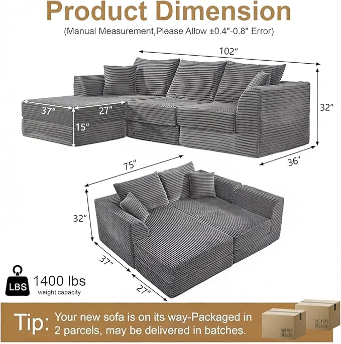 102 L-Shaped Modular Corduroy Cloud Sofa 3-Seater with Reversible Chaise Modern Deep Seat Memory Foam Boneless Cushion for Living Room Apartment Bedroom No Assembly Required