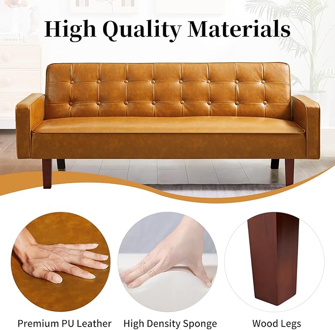 Faux Leather Couch Mid Century Modern Sofa with Memory Foam Comfy 3 Seater Couch for Small Spaces Living Room Office Brown