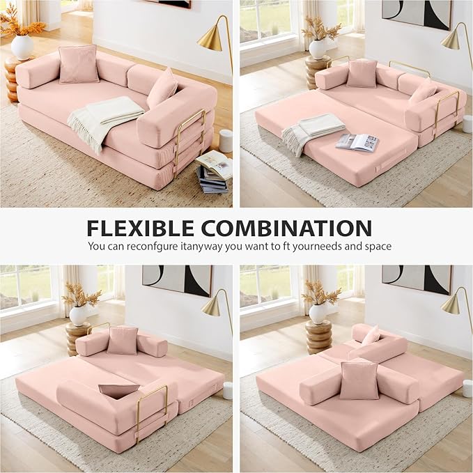 4-in-1 Folding Convertible Sofa Bed 78 Inch Boneless Couch with Fixed-Shape Frame Corduroy Loveseat Sleeper with Pull Out Bed Floor Sofa Modular Futon Couch for Living Room Bedroom Lounge (Pink)