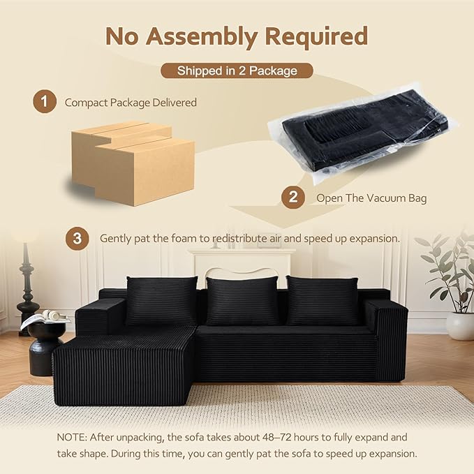 ANONER 103 L-Shaped Sofa Bed Cloud Couch Modular Sectional Corner Sofa with Deep Seat Modern Minimalist Boneless Couch with Chaise Free Combination Couches for Apartment (Black)