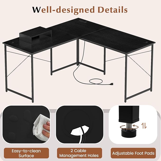 Giantex L Shaped Computer Desk 59 Inch Reversible Corner Desk with Power Outlet and USB Ports &amp Monitor Stand Wooden Writing Desk Gaming Table for Home Office Room Small Space (Black)
