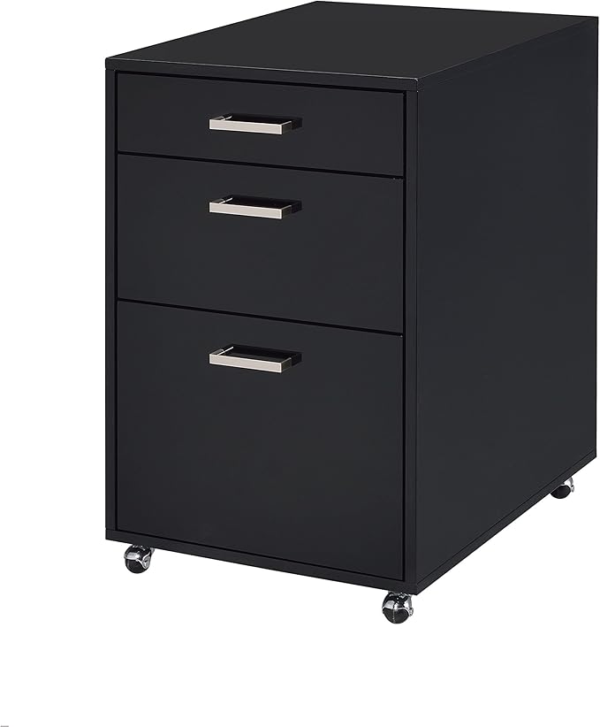 Black Mobile File Cabinet with 3 Drawers 4 Wheels Rectangular Portable Filing Cabinet Traditional for Office Study Room