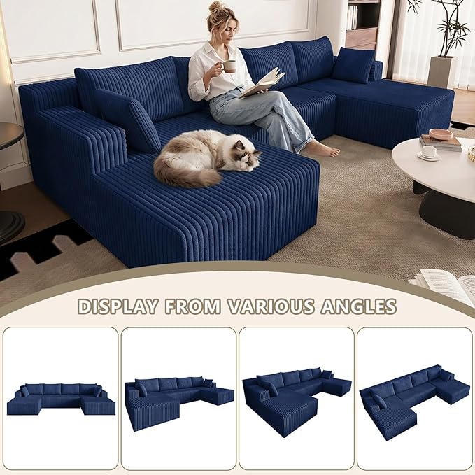 124 U Shaped Cloud Couch Sectional Corduroy Upholstered 4-Seater Cloud Couches for Living Room Deep Seat Modular Boneless Sofa with Lounge Chaise No Assembly Required Blue