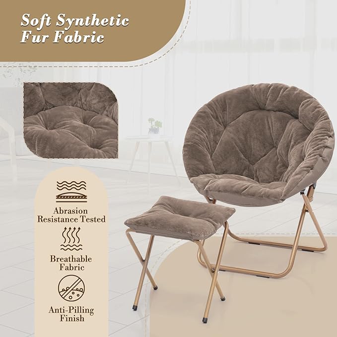 Athena Collection Round Saucer Chair with Ottoman Set for Adults Oversize Comfy Cozy Faux Fur Folding Reading Chair with Metal Leg Lazy Relaxing for Living Room Bedroom Dorm Apartment Beige