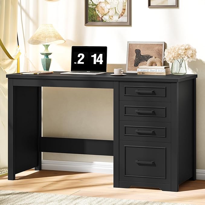 Vabches Farmhouse 49” Executive Desk with File Drawer 4 Drawers Reversible Computer Desk with Storage Rustic Home Writing Workstation for Home Office.Black