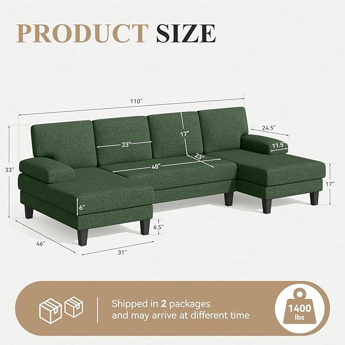 110 U-Shaped Sectional Sofa Couch for Living RoomModern Modular Sofa with Double ChaiseClassic Lounge Couch Sleeper for Apartment Green Linen