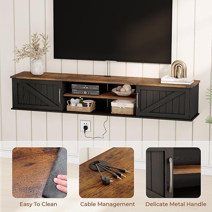 Floating TV Stand with Doors 63'' Farmhouse Floating TV Shelf for TVs up to 80 Inch 2 Tier Wall Mounted TV Stand Floating Entertainment Center TV Floating Cabinet for Living Room Bedroom Black