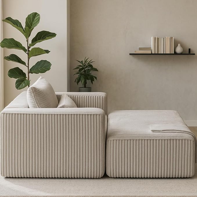 50.98'' Corduroy Boneless Couch with Square Armrests and 2 Cushions Modern Luxury Compressed Sofa Couch with Movable Ottoman No Assembly Required Living Room Apartment HotelSmoke Grey
