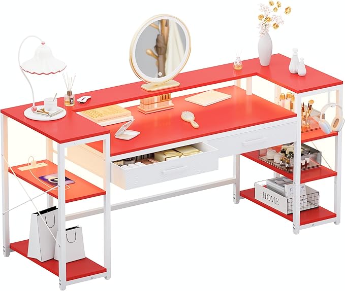 Pamray 58 Inch Computer Desk with Monitor Stand and Shelves Gaming Desk with LED Lights &amp Power Outlets PC Vanity Table with 2 Drawers for Home Office Red