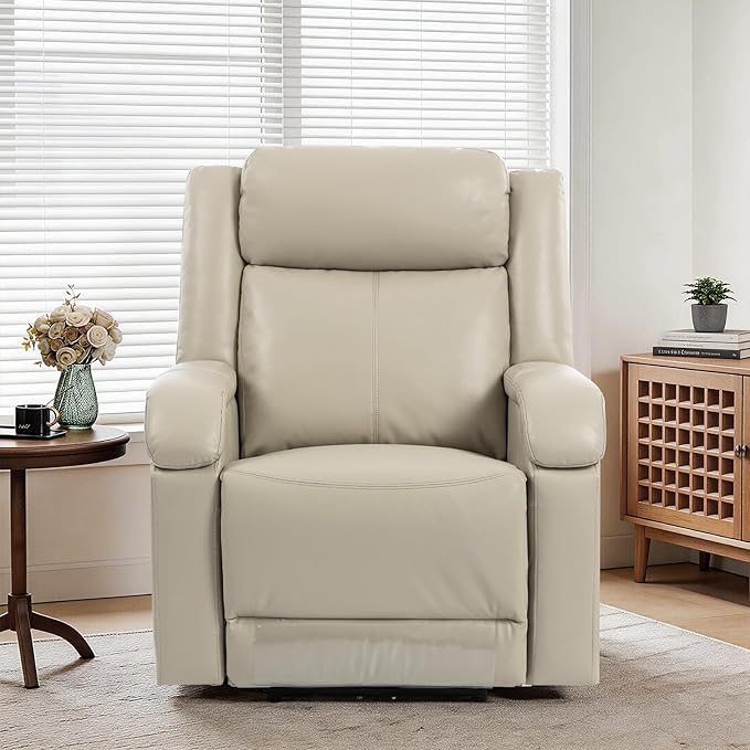 Faux Leather Power Recliner Chairs for AdultsClassic and Traditional Recliners with Arms and Back Electric Recliner Chair with Cup Holders &amp Charging Port Beige