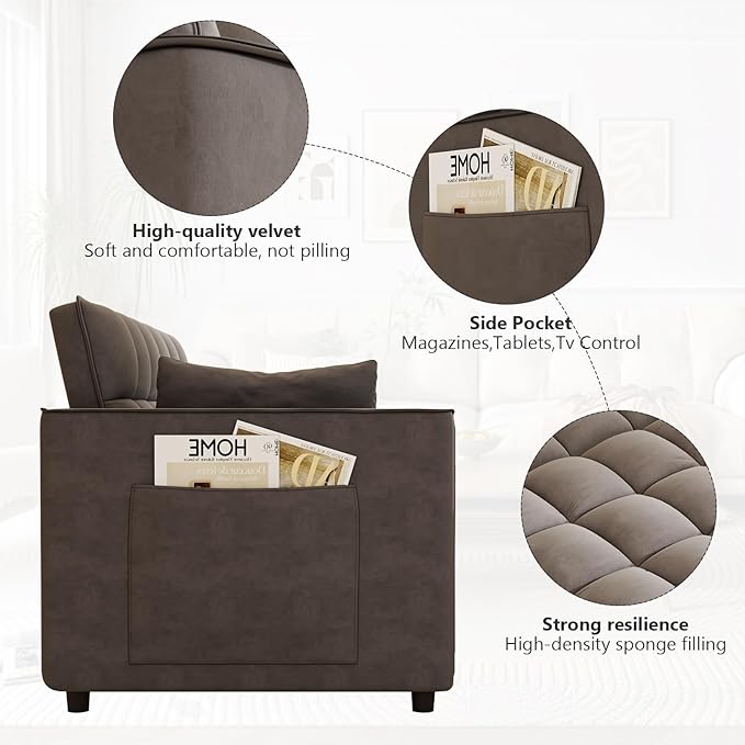 Hison Convertible Sleeper Sofa Bed 3 in 1 Pull Out Couch Bed with Adjustable Backrest Sectional Small Couches for Small Spaces Loveseat for Apartment Living Room (Dark Gray Velvet)