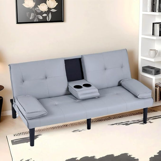 67Modern Futon Sofa BedConvertible 3 in 1 Sleeper Bed Couches with Adjustable BackrestCup HoldersComfy PU Leather Recliner Sofa Loveseat with Chrome Legs for Small Home Living Room (Grey)