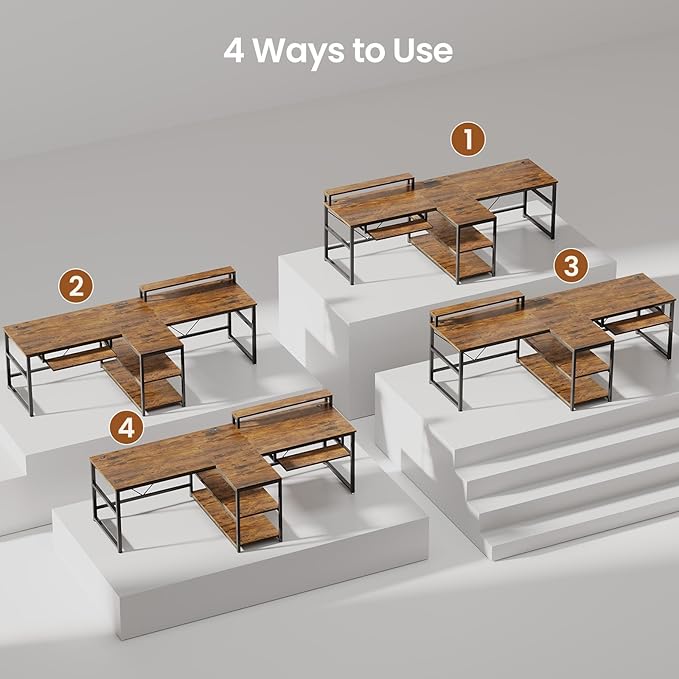 SEDETA 94.5 Home Office Desks Computer Gaming Desk with Storage LED Lights Power Strip with USB Keyboard Tray &amp Monitor Stand Extra Long Double Desk for 2 Person Rustic Brown