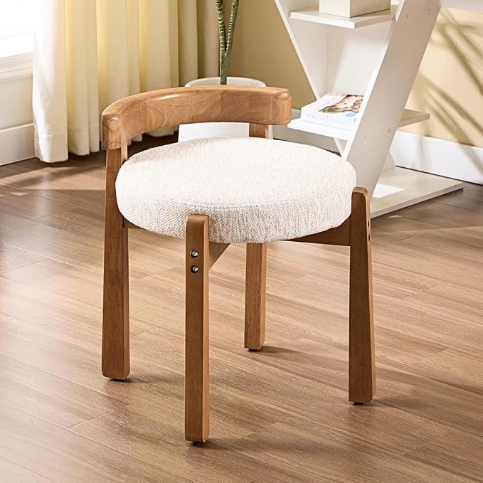 HEAH-YO Wood Vanity Chair with Back Chenille Upholstered Small Ottoman Footstool Mid-Century Modern Makeup Chair with Solid Wood Legs for Makeup Room Bedroom Living Room Beige
