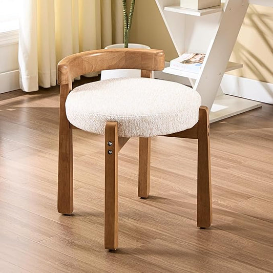 HEAH-YO Wood Vanity Chair with Back Chenille Upholstered Small Ottoman Footstool Mid-Century Modern Makeup Chair with Solid Wood Legs for Makeup Room Bedroom Living Room Beige